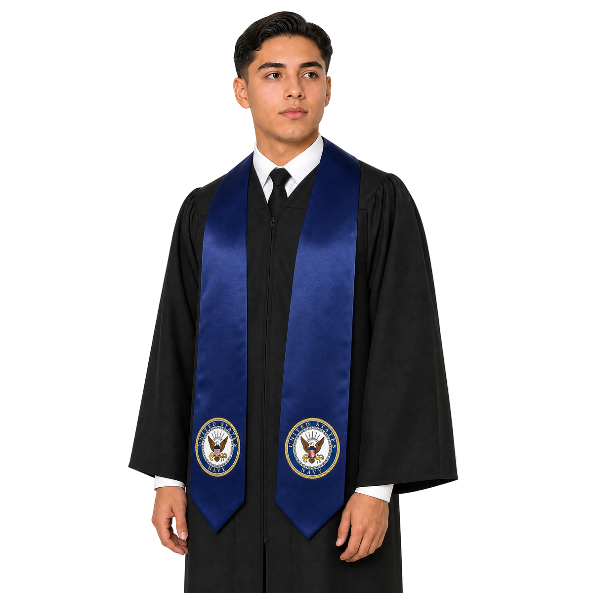 U.S. Navy graduation stole in navy satin with embroidered Navy patch for military honor recognition