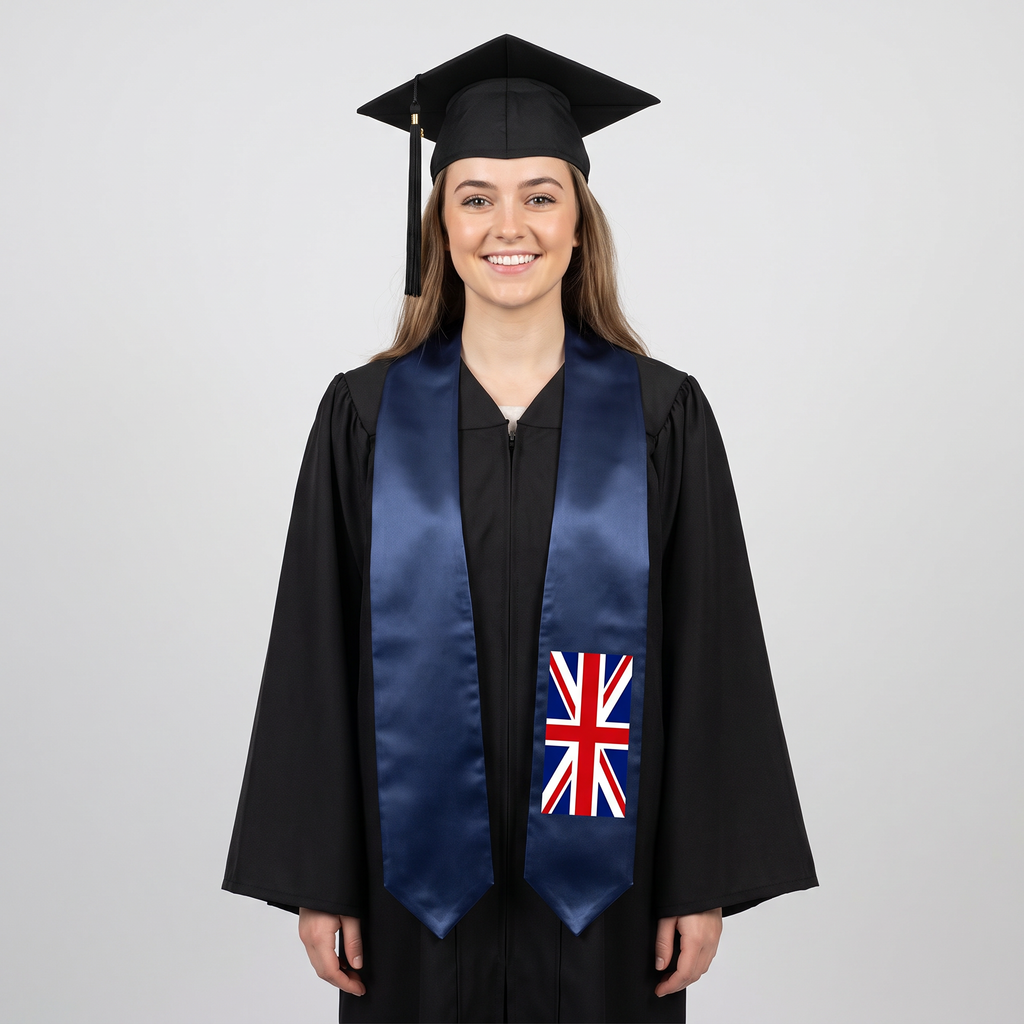 United Kingdom graduation stole featuring a Union Jack flag sash, perfect for graduation ceremonies and cultural celebrations.