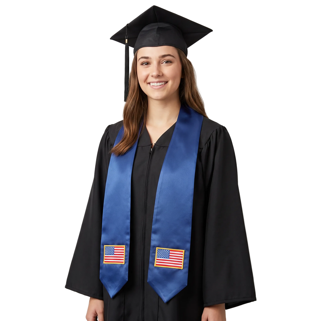 United States of America international graduation stole featuring an American flag patch, perfect for graduation ceremonies and cultural celebrations.
