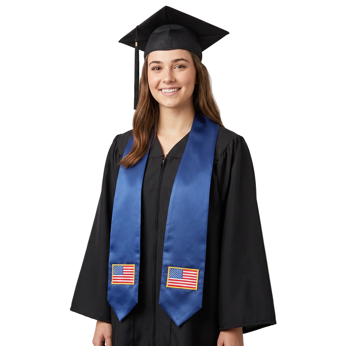 United States of America international graduation stole featuring an American flag patch, perfect for graduation ceremonies and cultural celebrations.