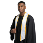 White slanted graduation stole with gold trim and angled ends, shown flat against a white background.