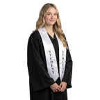 Graduate wearing a white student athlete graduation stole with embroidered “Student Athlete” lettering.