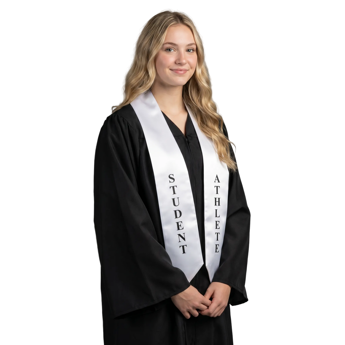 Graduate wearing a white student athlete graduation stole with embroidered “Student Athlete” lettering.