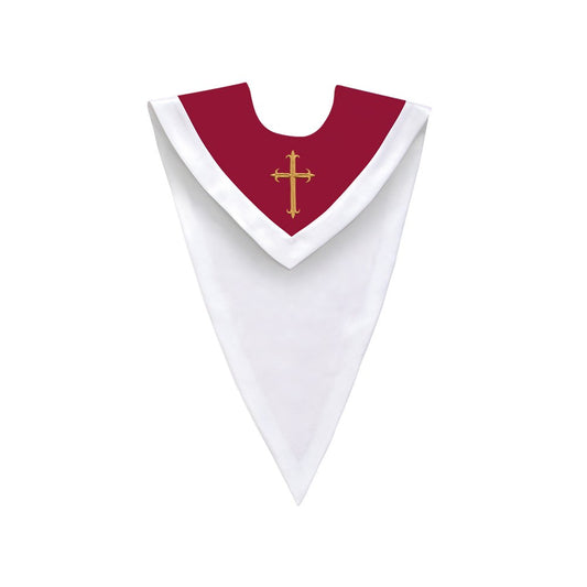 Maroon/White V-Neck Choir Stole with Cross - Stoles.com