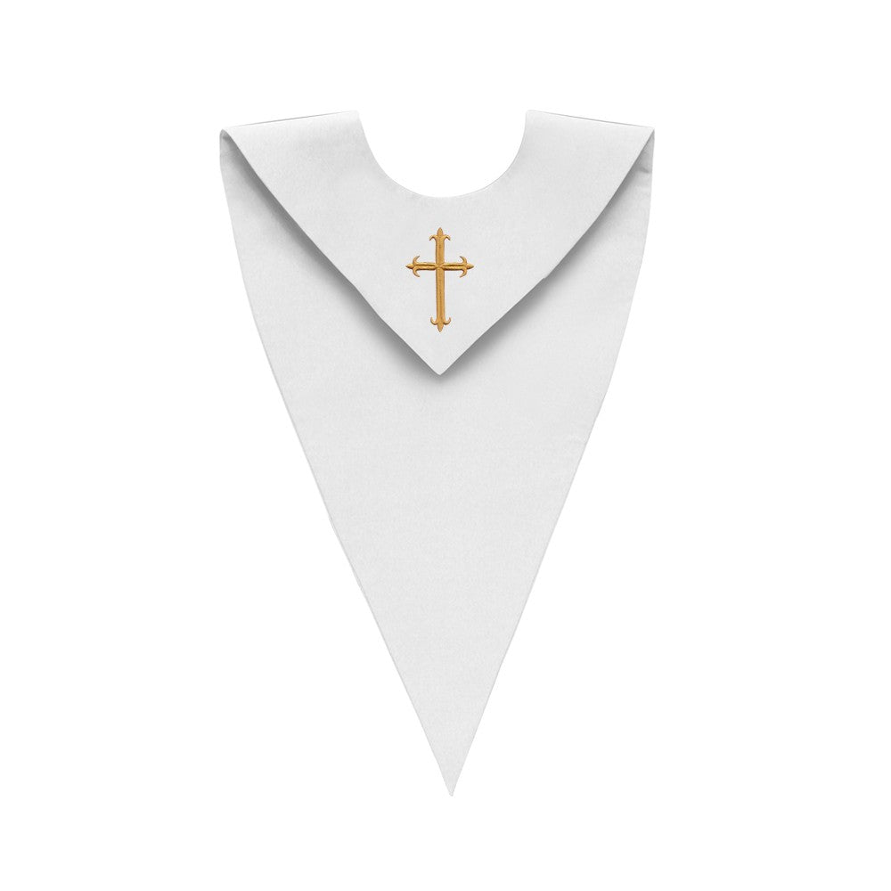 White V-Neck Choir Stole with Cross - Stoles.com